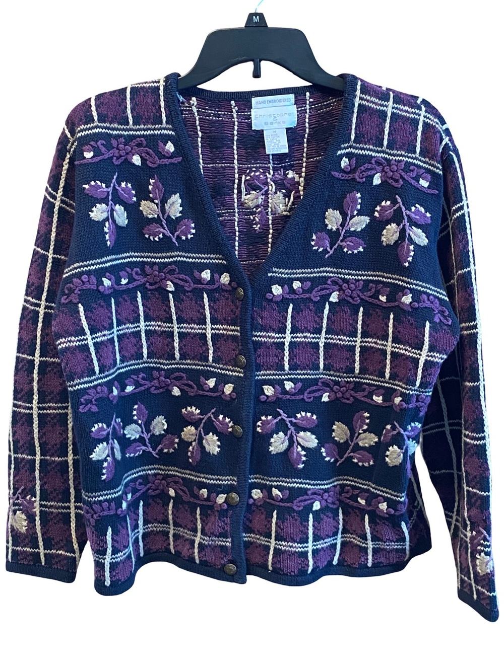 Vintage hand embroidered linen cotton floral purple granny cardigan medium